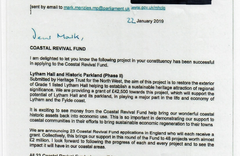 The letter awarding £42,500 to Lytham Hall from Secretary of State James Brokenshire